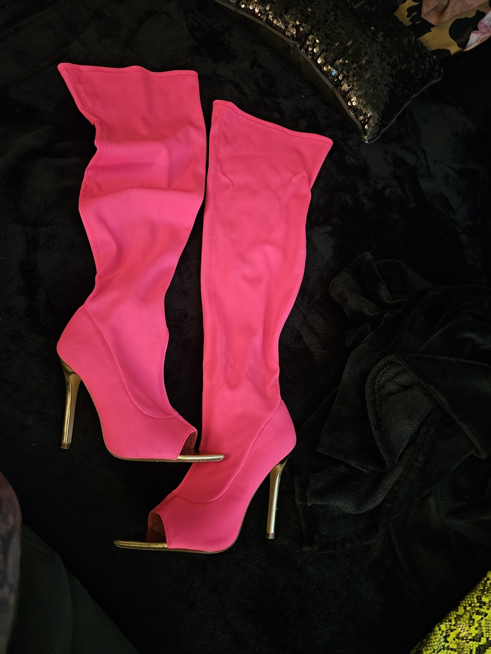 Women's Hot Pink Peep-Toe Stiletto Knee-High Boots